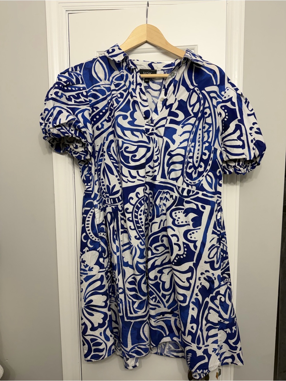MSK Blue and White Printed Puff-Sleeve Mini Dress